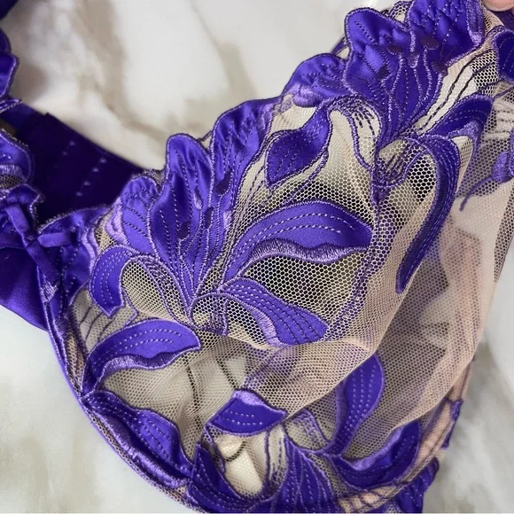 NWT Fleur Du Mal Purple Pansy Embroidery Plunge Silk Demi Bra 36G